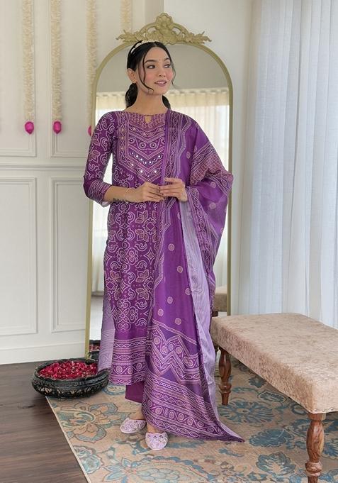 Purple Printed French Crepe Salwar Kameez With Dupatta