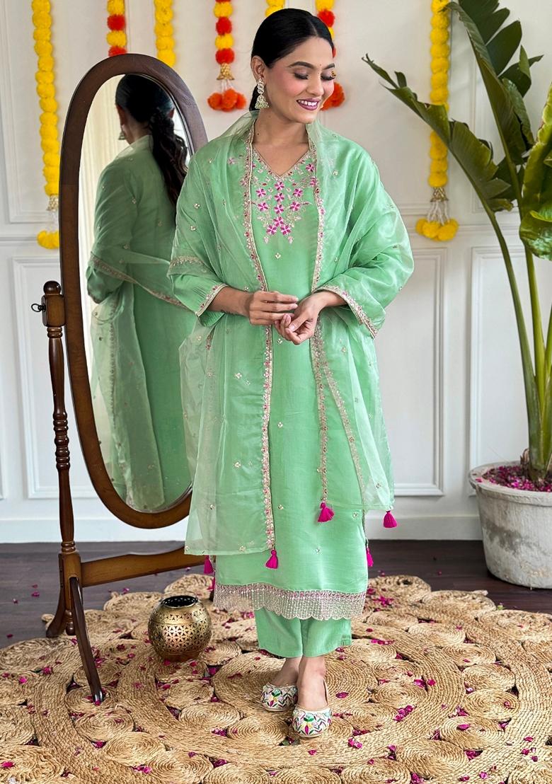 Pista Green Embroidered Chanderi Salwar Kameez With Dupatta