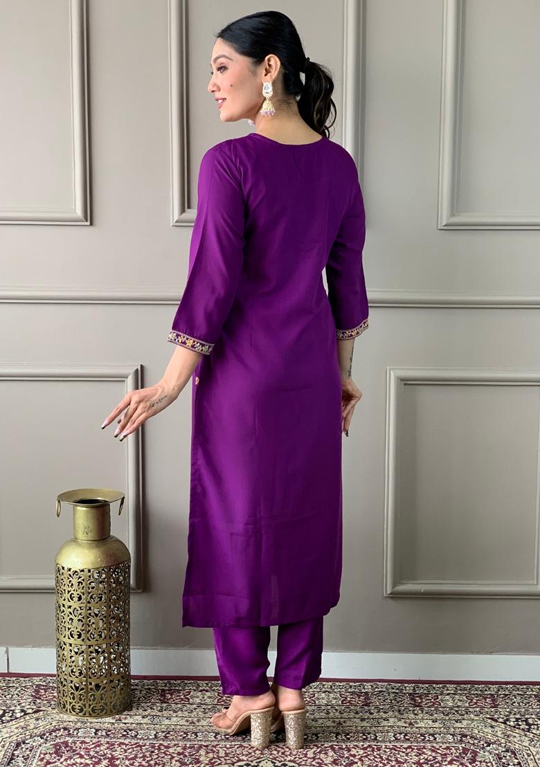 Wine Embroidered Rayon Salwar Kameez With Dupatta
