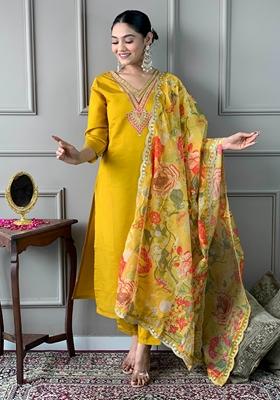 Mustard Yellow Embroidered Chanderi Salwar Kameez With Dupatta