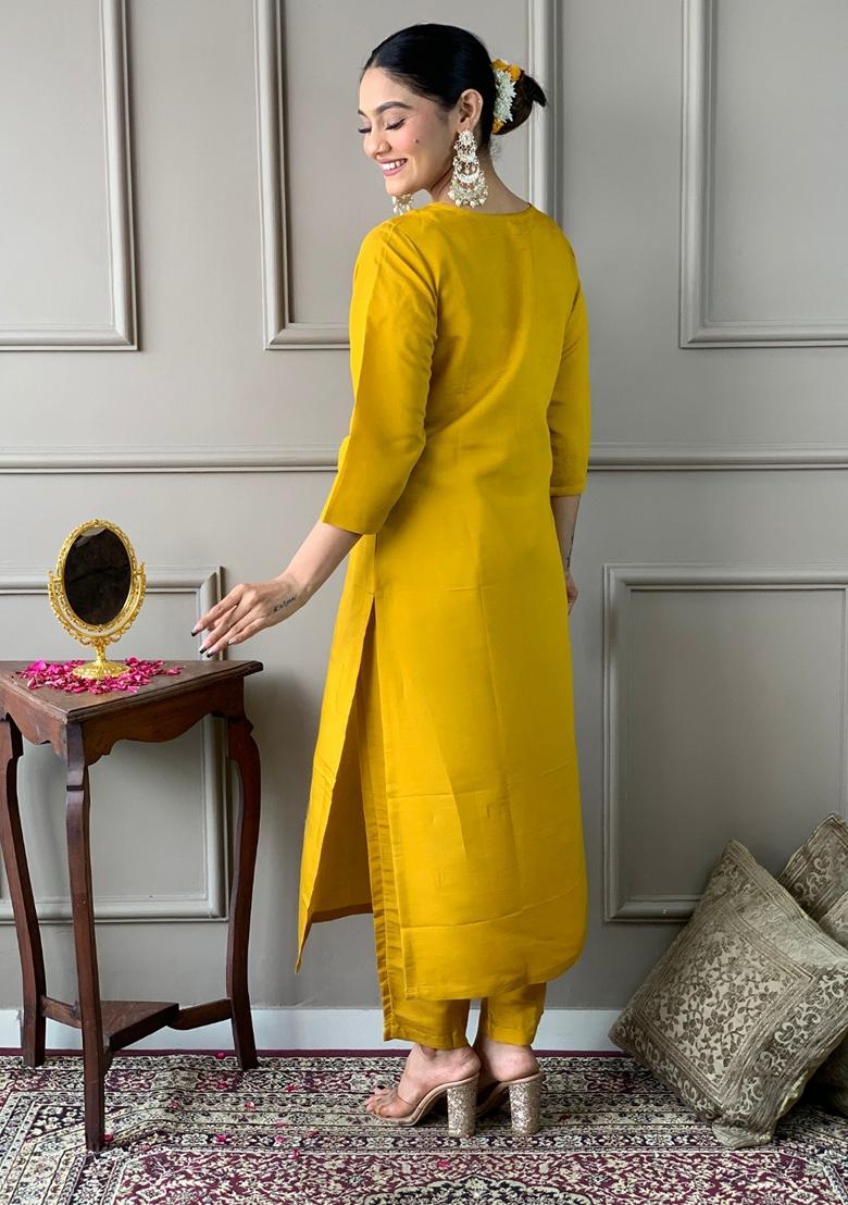Mustard Yellow Embroidered Chanderi Salwar Kameez With Dupatta