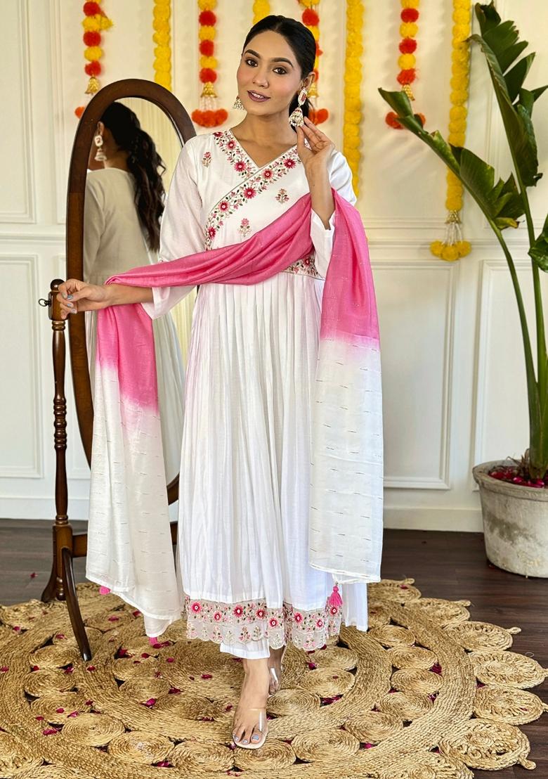 White Embroidered Chanderi Salwar Kameez With Dupatta