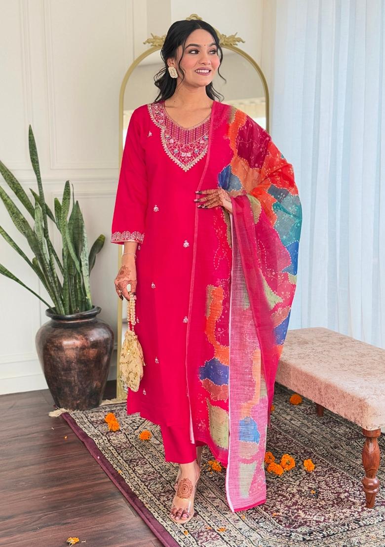 Pink Embroidered Chanderi Salwar Kameez With Dupatta
