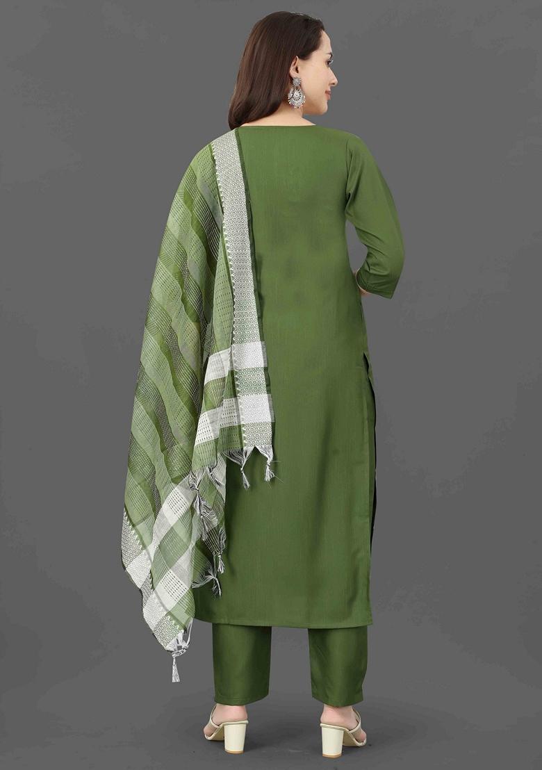 Green Embroidered Cotton Blend Salwar Kameez With Dupatta