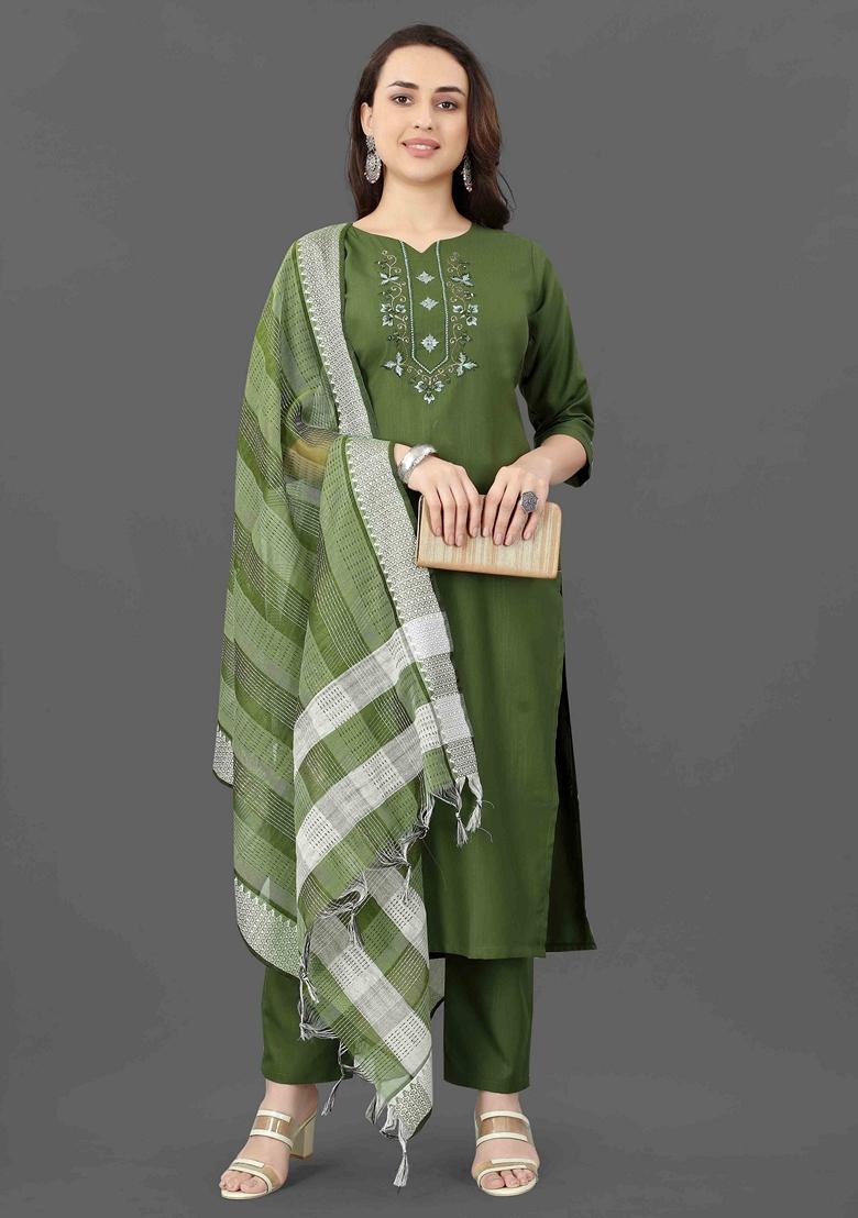 Green Embroidered Cotton Blend Salwar Kameez With Dupatta