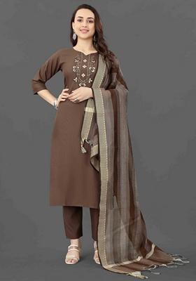 Coffee Brown Embroidered Cotton Blend Salwar Kameez With Dupatta