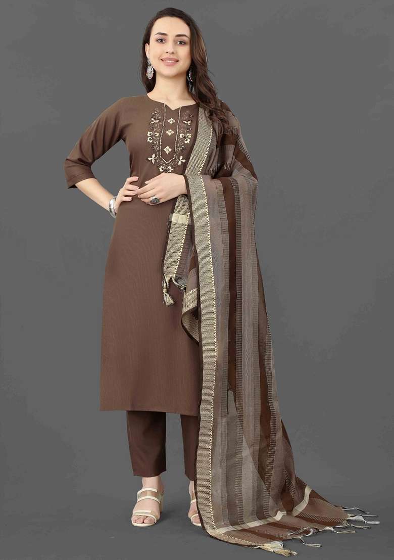 Coffee Brown Embroidered Cotton Straight Kurta Set - Indya