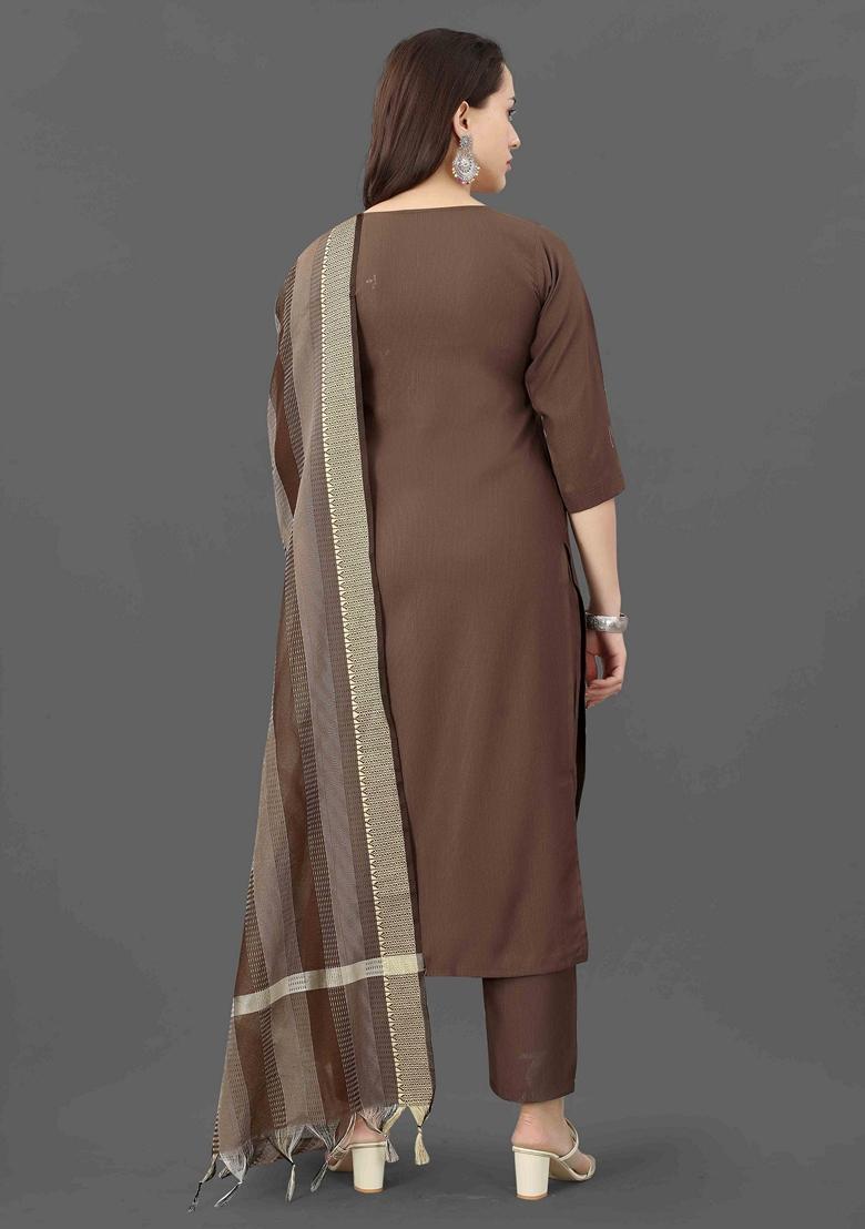 Coffee Brown Embroidered Cotton Blend Salwar Kameez With Dupatta