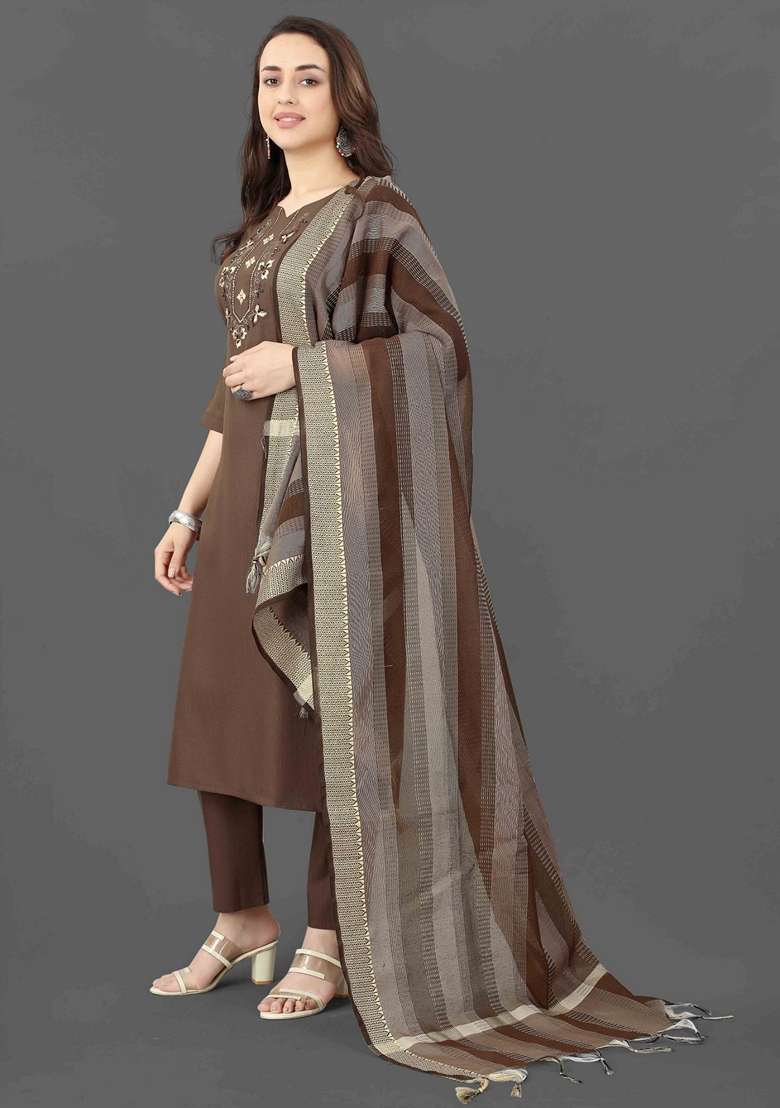 Coffee Brown Embroidered Cotton Straight Kurta Set - Indya