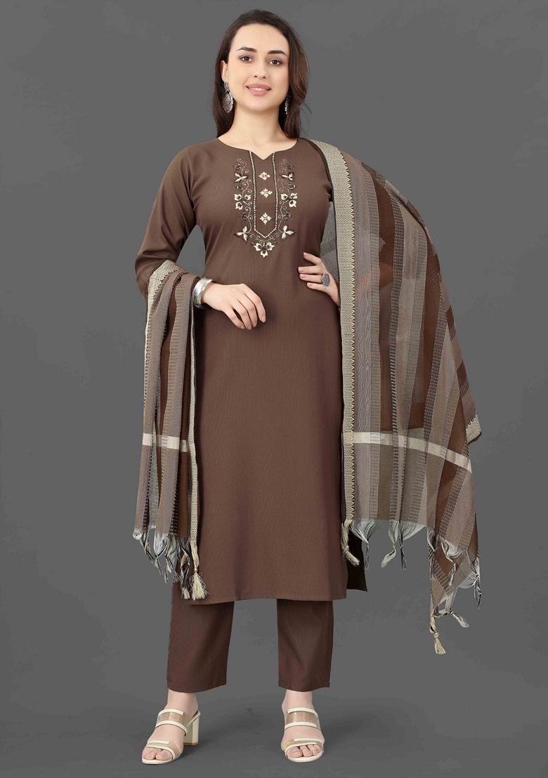 Coffee Brown Embroidered Cotton Blend Salwar Kameez With Dupatta