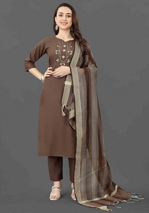 Coffee Brown Embroidered Cotton Blend Salwar Kameez With Dupatta