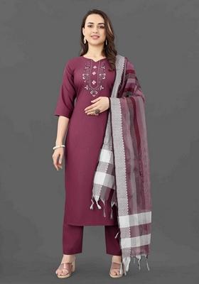 Purple Embroidered Cotton Blend Salwar Kameez With Dupatta