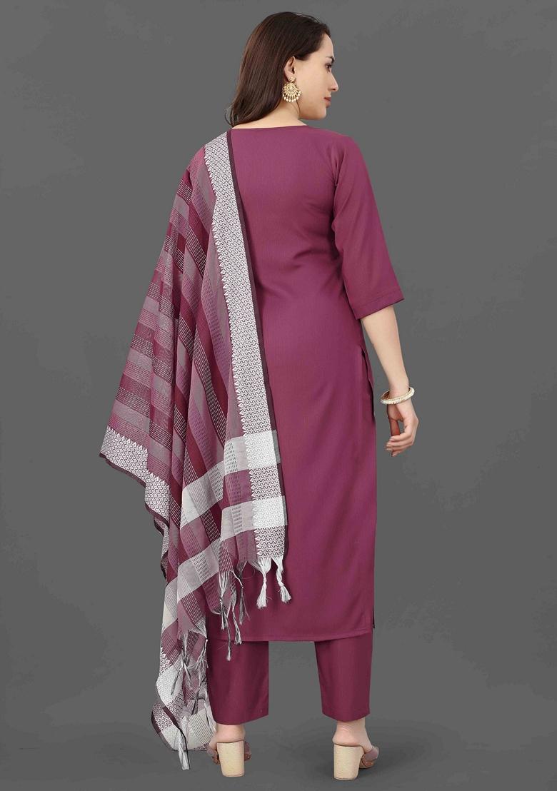 Purple Embroidered Cotton Blend Salwar Kameez With Dupatta