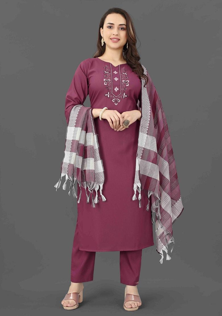 Purple Embroidered Cotton Blend Salwar Kameez With Dupatta