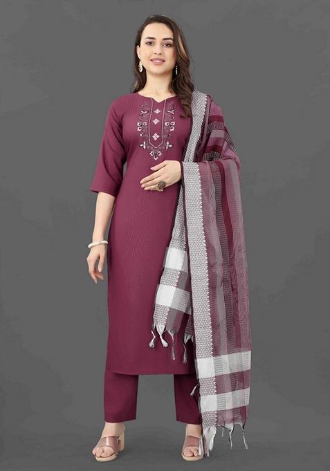 Purple Embroidered Cotton Blend Salwar Kameez With Dupatta