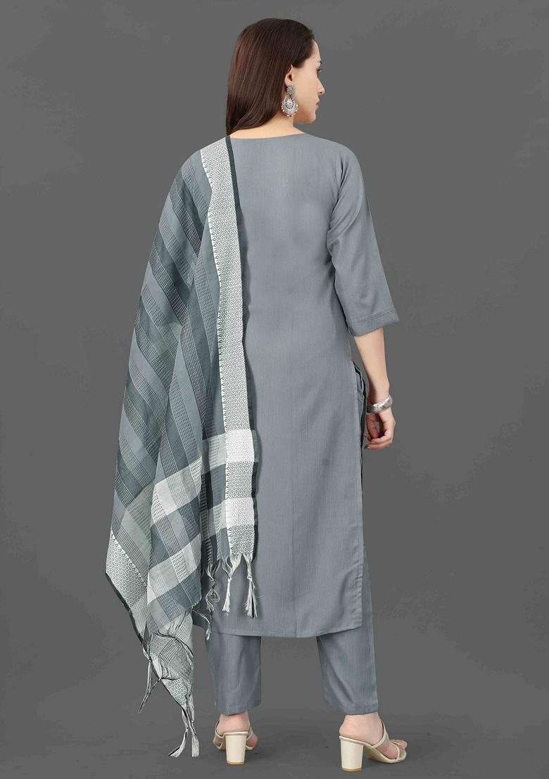 Grey Embroidered Cotton Blend Salwar Kameez With Dupatta