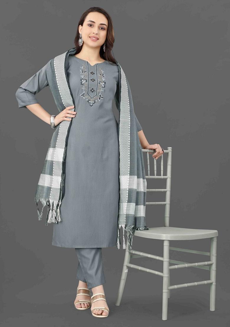 Grey Embroidered Cotton Blend Salwar Kameez With Dupatta