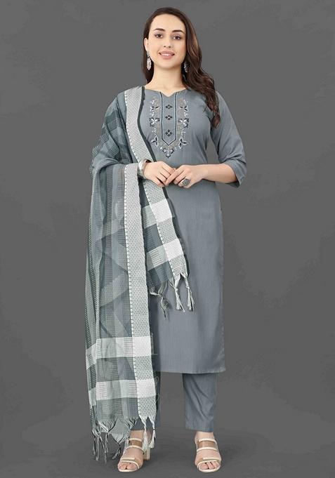 Grey Embroidered Cotton Blend Salwar Kameez With Dupatta