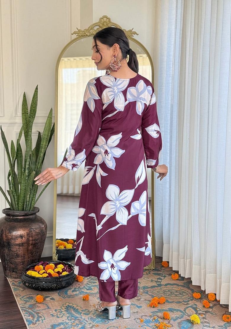 Wine Embroidered French Crepe Salwar Kameez With Dupatta