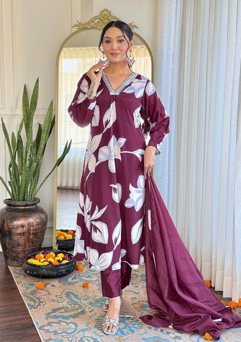 Wine Embroidered French Crepe Salwar Kameez With Dupatta