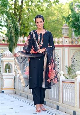 Black Embroidered Polyester Salwar Kameez With Dupatta