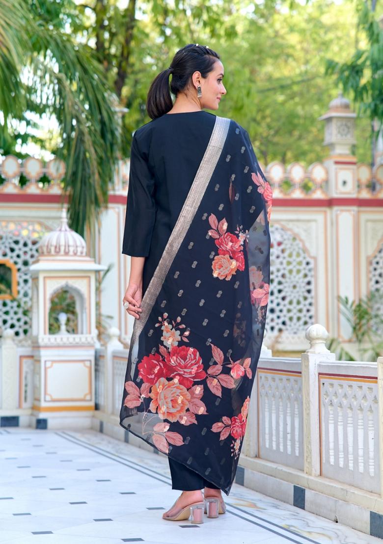 Black Embroidered Polyester Salwar Kameez With Dupatta
