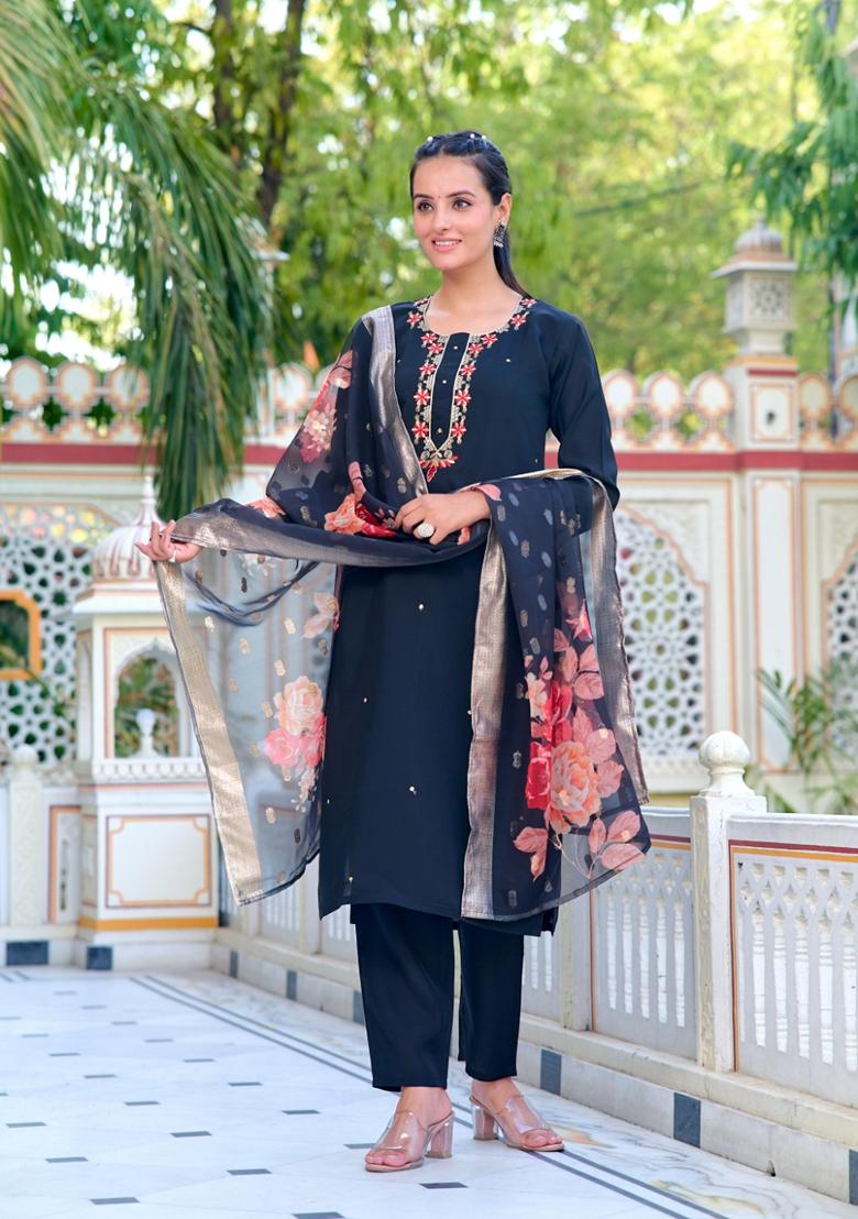 Black Embroidered Polyester Salwar Kameez With Dupatta