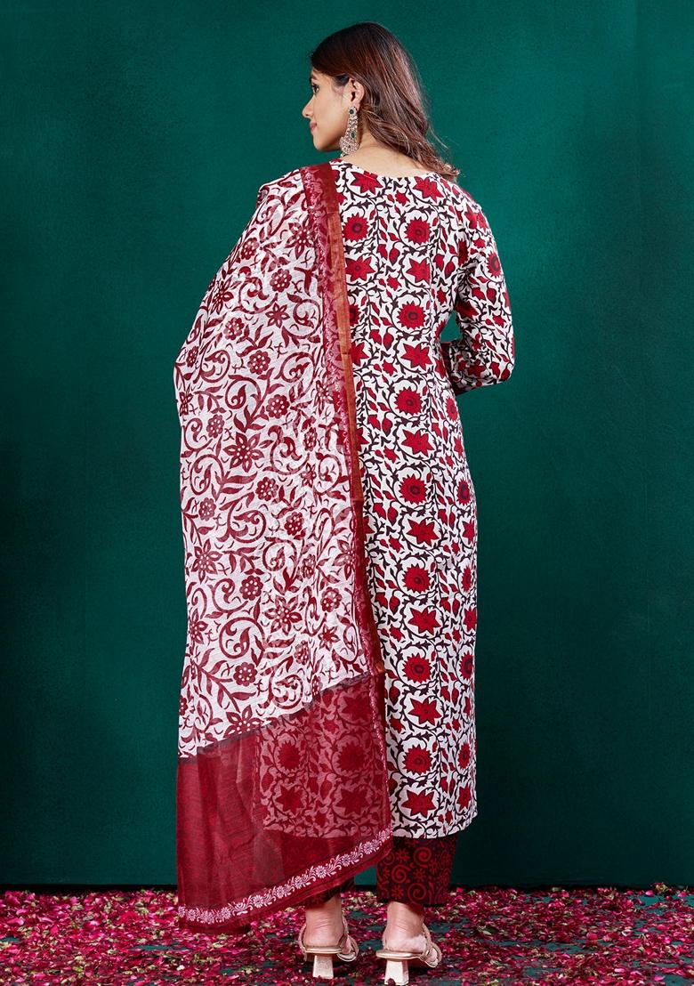 Red Embroidered Rayon Salwar Kameez With Dupatta