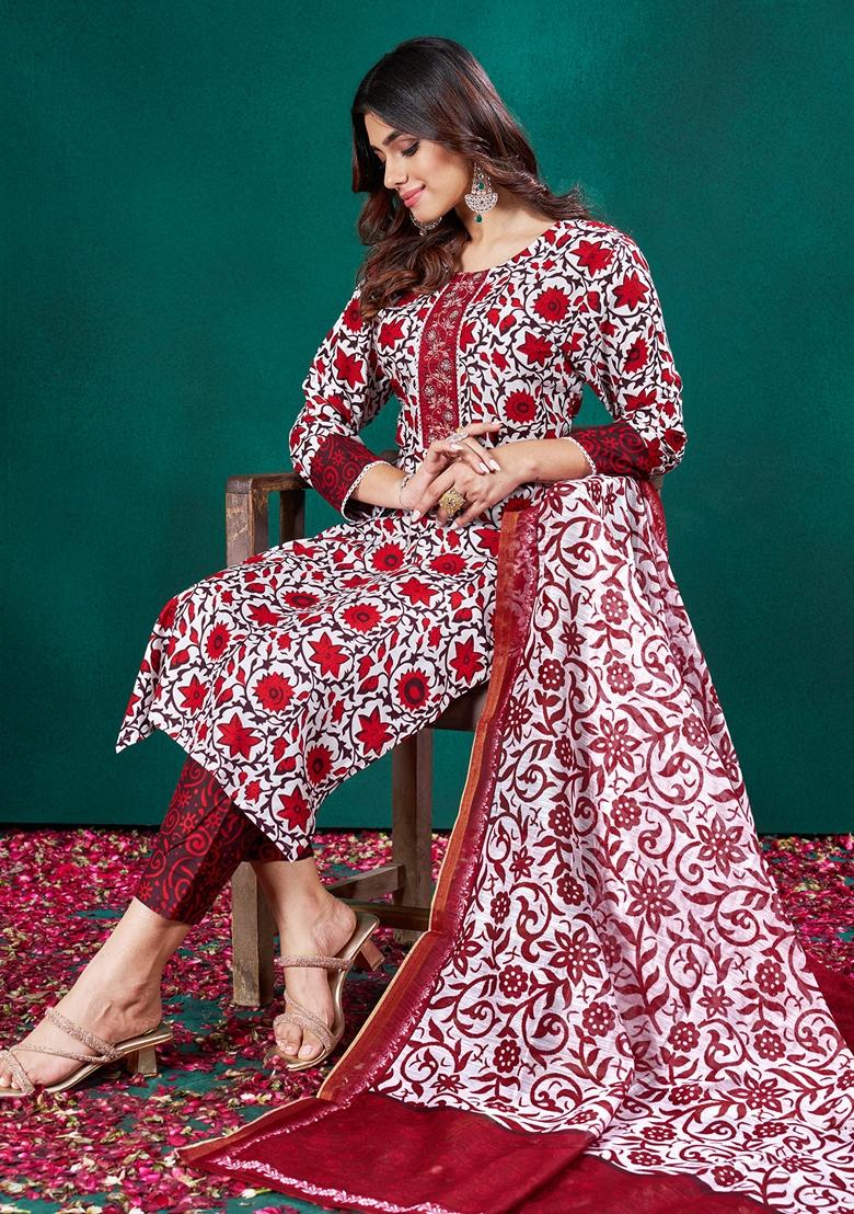 Red Embroidered Rayon Salwar Kameez With Dupatta