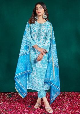 Sky Blue Embroidered Rayon Salwar Kameez With Dupatta