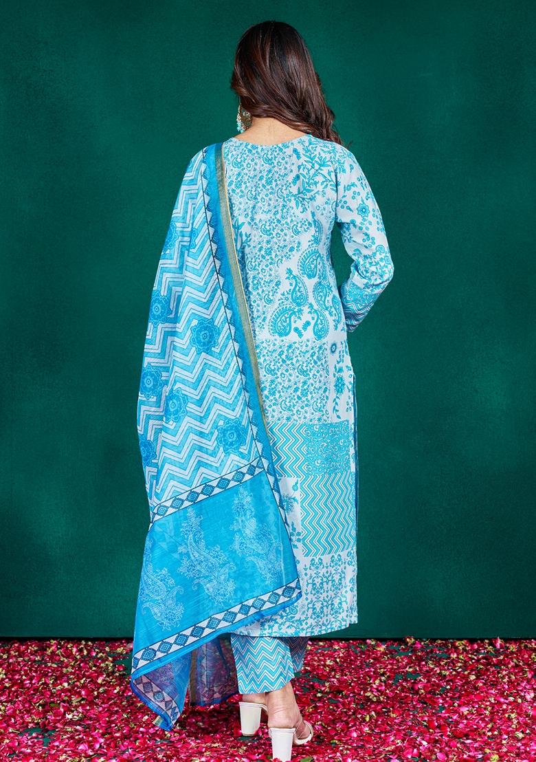 Sky Blue Embroidered Rayon Salwar Kameez With Dupatta