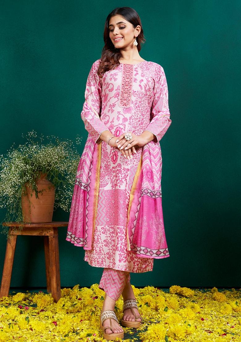 Pink Embroidered Rayon Salwar Kameez With Dupatta