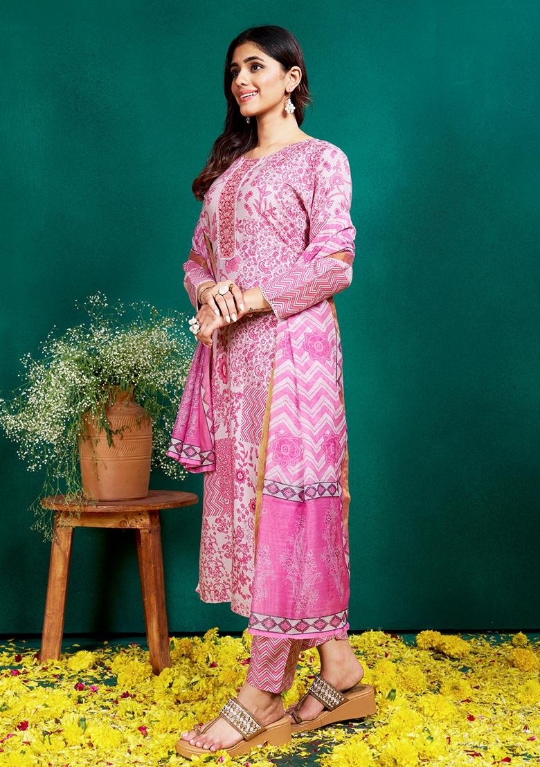 Pink Embroidered Rayon Salwar Kameez With Dupatta