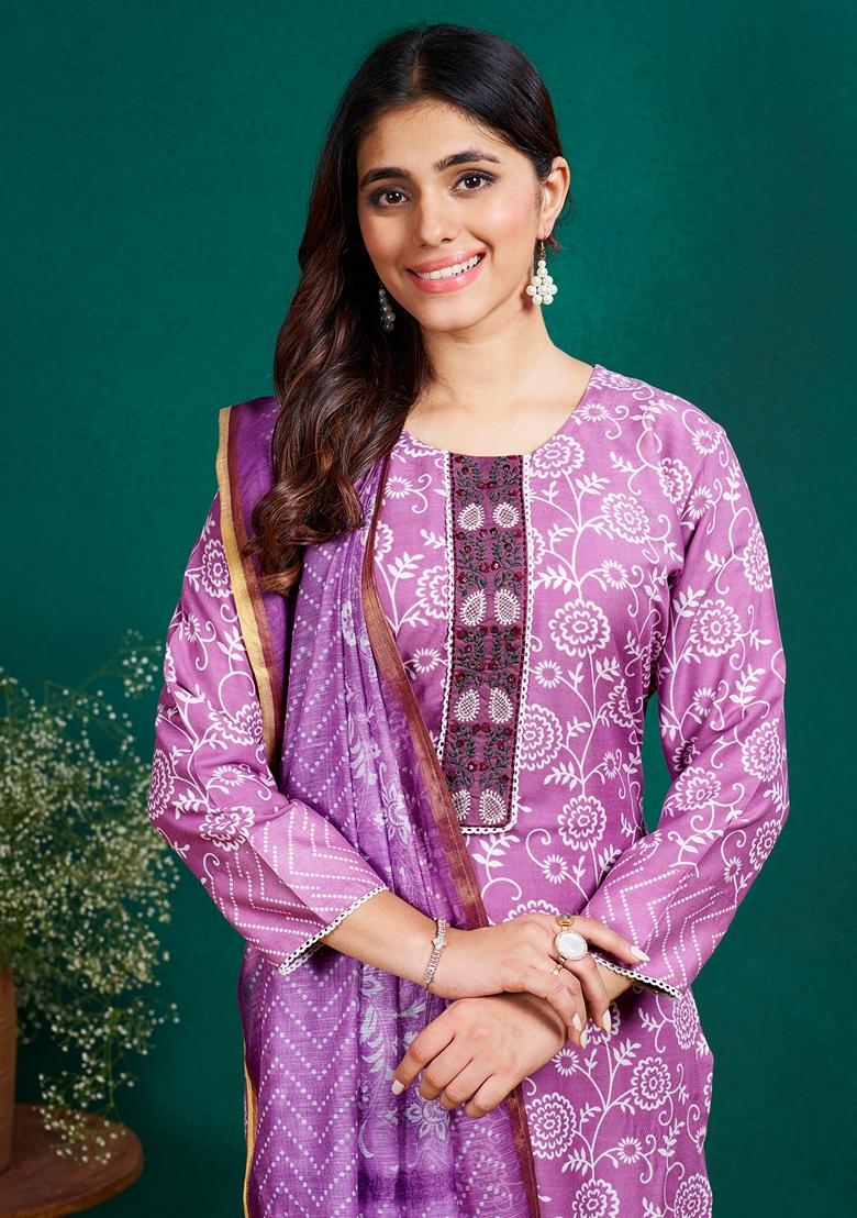 Purple Embroidered Rayon Salwar Kameez With Dupatta