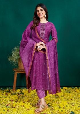 Purple Embroidered Rayon Salwar Kameez With Dupatta