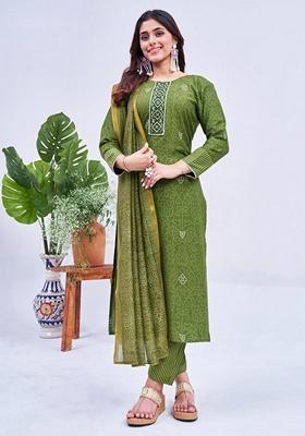 Mehendi Green Embroidered Rayon Salwar Kameez With Dupatta