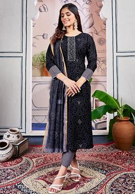 Black Embroidered Rayon Salwar Kameez With Dupatta