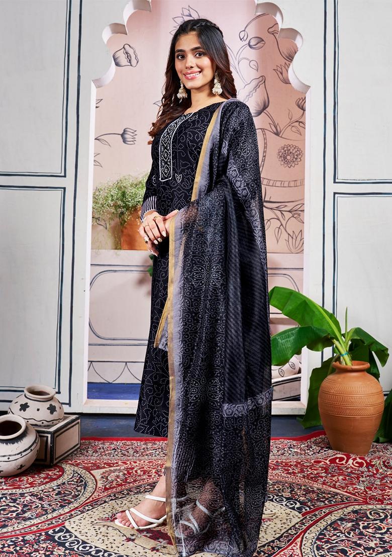Black Embroidered Rayon Salwar Kameez With Dupatta