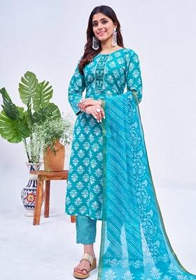 Sky Blue Embroidered Rayon Salwar Kameez With Dupatta