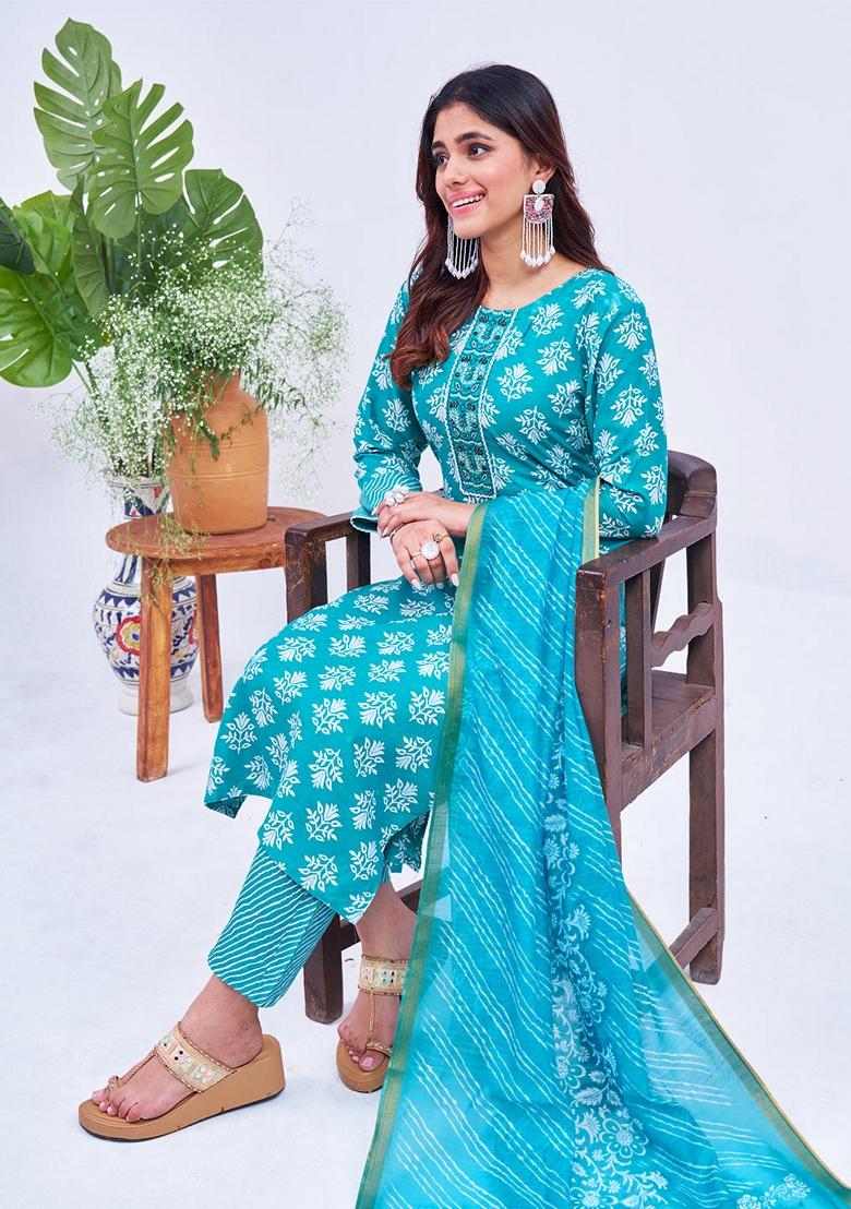 Sky Blue Embroidered Rayon Salwar Kameez With Dupatta