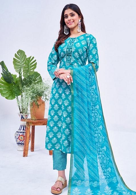 Sky Blue Embroidered Rayon Salwar Kameez With Dupatta