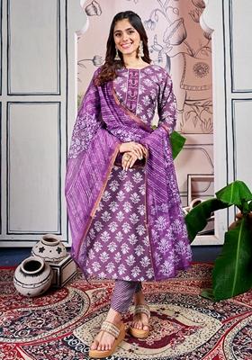 Purple Embroidered Rayon Salwar Kameez With Dupatta