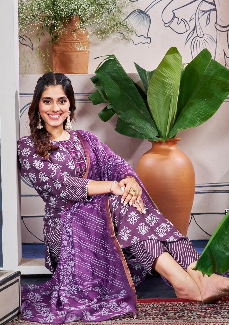 Purple Embroidered Rayon Salwar Kameez With Dupatta