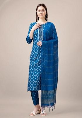 Blue Embroidered Rayon Salwar Kameez With Dupatta