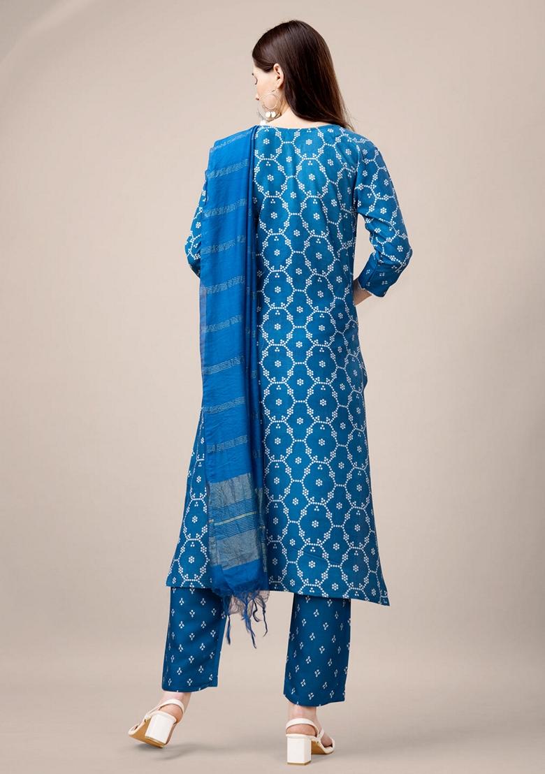 Blue Embroidered Rayon Salwar Kameez With Dupatta