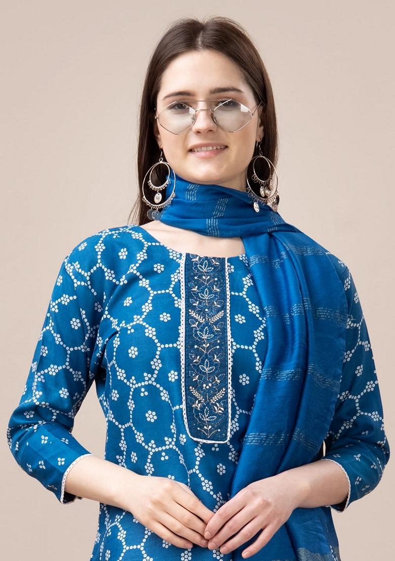 Blue Embroidered Rayon Salwar Kameez With Dupatta