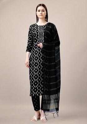 Black Embroidered Rayon Salwar Kameez With Dupatta
