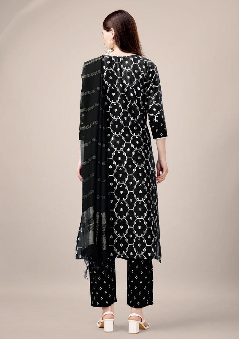 Black Embroidered Rayon Salwar Kameez With Dupatta