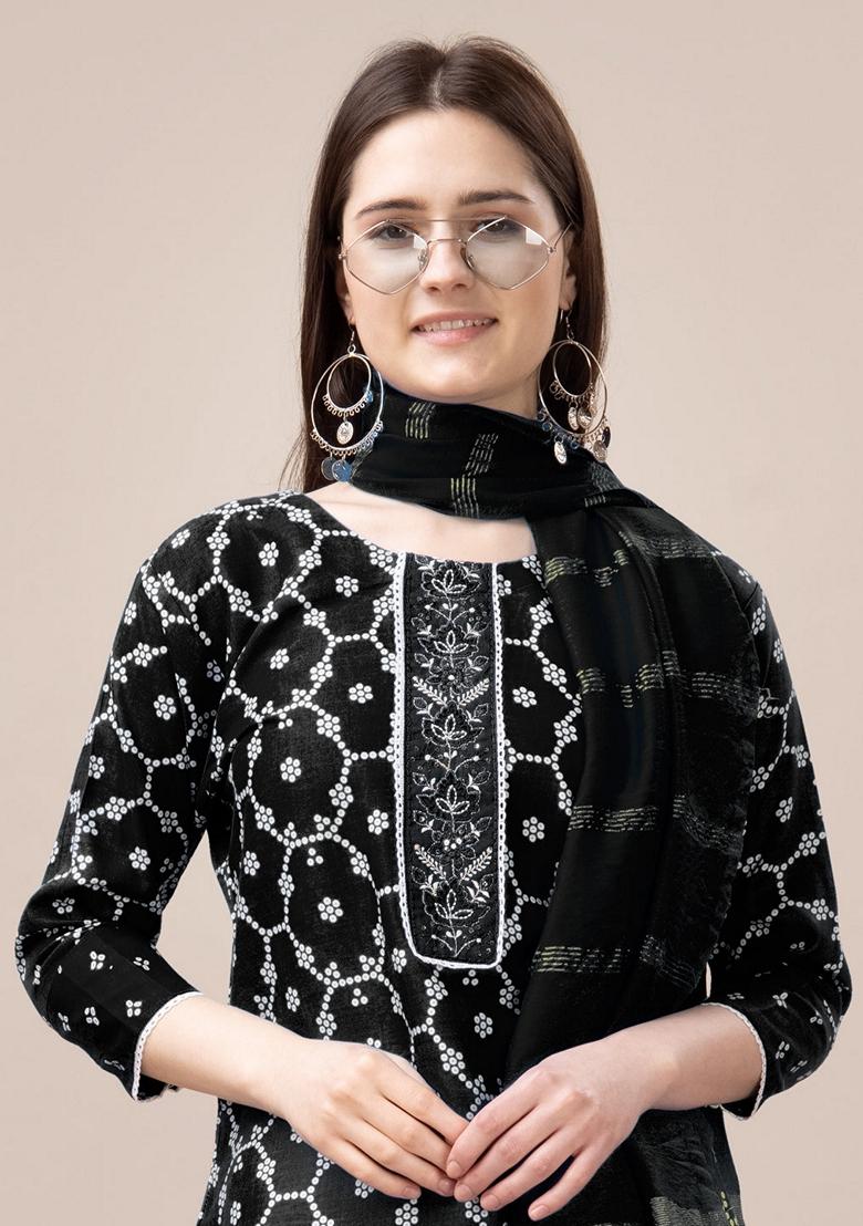 Black Embroidered Rayon Salwar Kameez With Dupatta