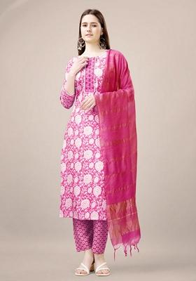 Pink Embroidered Rayon Salwar Kameez With Dupatta